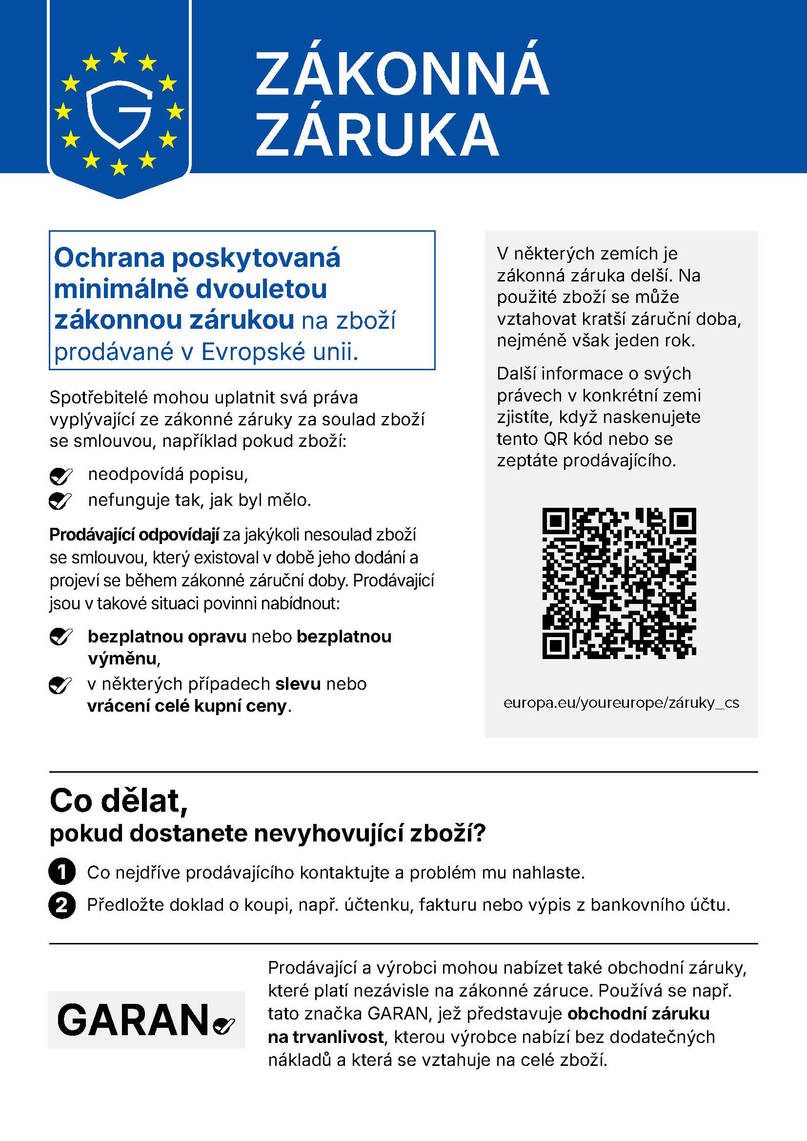 Poučení o zákonné záruce – ochrana poskytovaná minimálně dvouletou zákonnou zárukou na zboží prodávané v Evropské unii